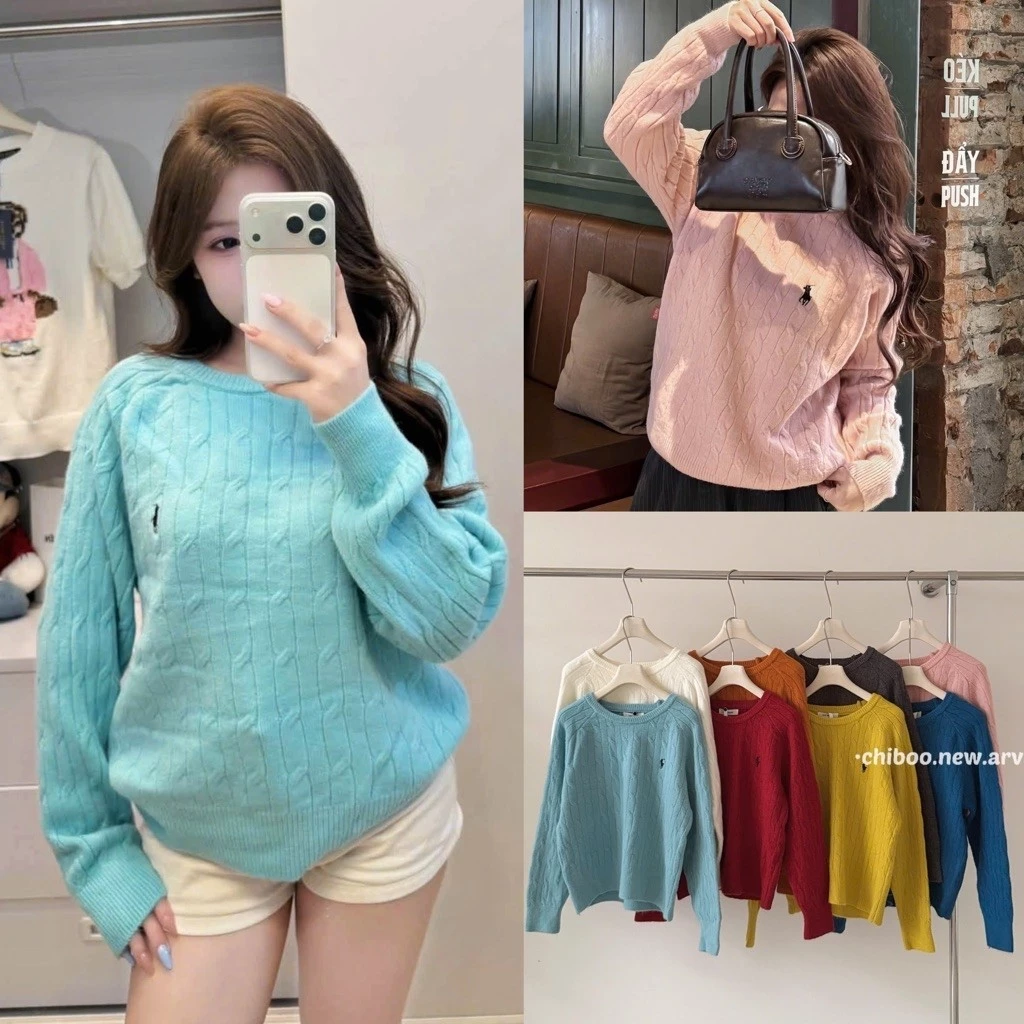 [Hàng QCCC] Áo len sweater XANH MINT cổ tròn vặn thừng thêu ngựa form rộng SUSHI