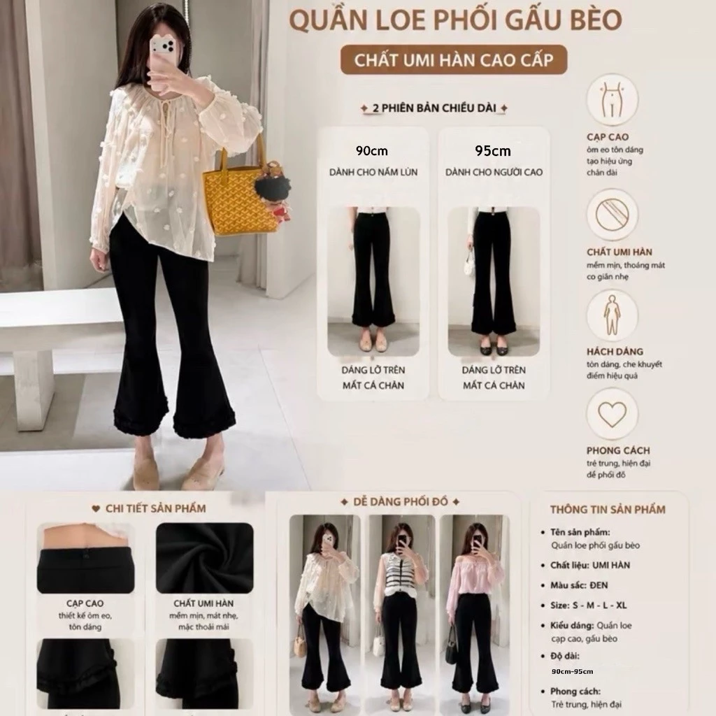 [CÓ BẢN NẤM] Quần Ống Loe Phối Gấu Bèo Chất Liệu UMI Mặc Tôn Dáng (M127-128)