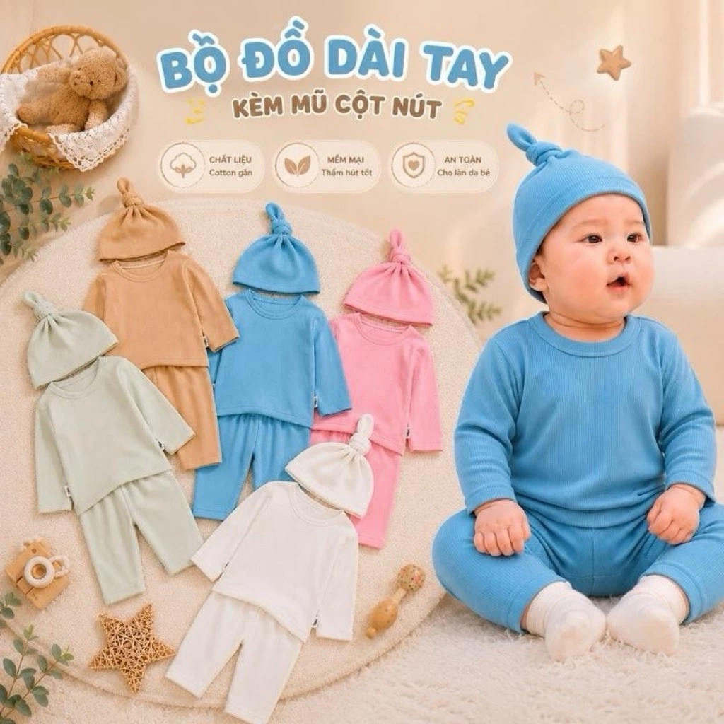Combo 3 bộ - 5 bộ đồ dài tay tặng kèm mũ củ tỏi cho bé 5-15kg chất tăm lạnh mềm mát