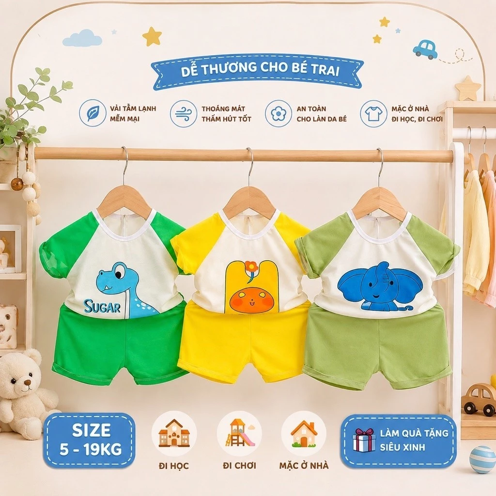 combo 3 bộ ) đồ cộc tay in hình thú dễ thương chất cotton 2 chiều mềm mát 5-15kg