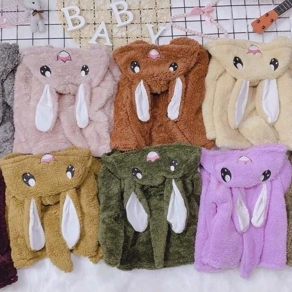 Áo khoác mũ thỏ lông cừu cho bé trai bé gái 6_18kg mềm ấm áp