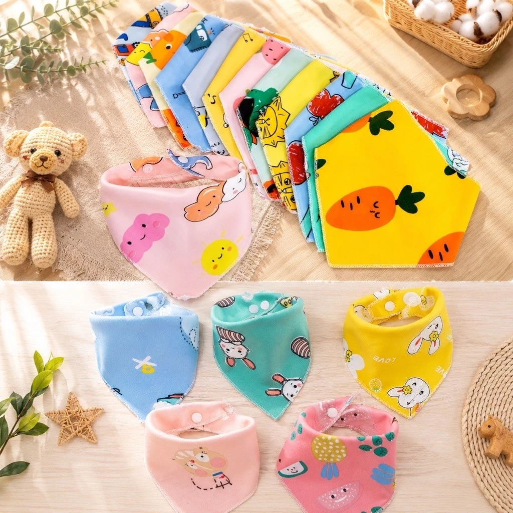 Sét 10 chiếc yếm tam giác nỉ bông 2 cúc bấm in hình dễ thương bé trai bé gái