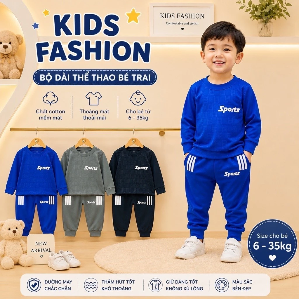 combo 3 bộ đồ sport dài tay bé trai 6-35kg chất thun lạnh dập vân thể thao mềm mát