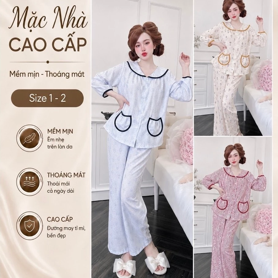 C11 Bộ Pijama Tiểu Thư Cotton Hàn Quần dài có túi quần, hoạ tiết sang , phom chuẩn dáng