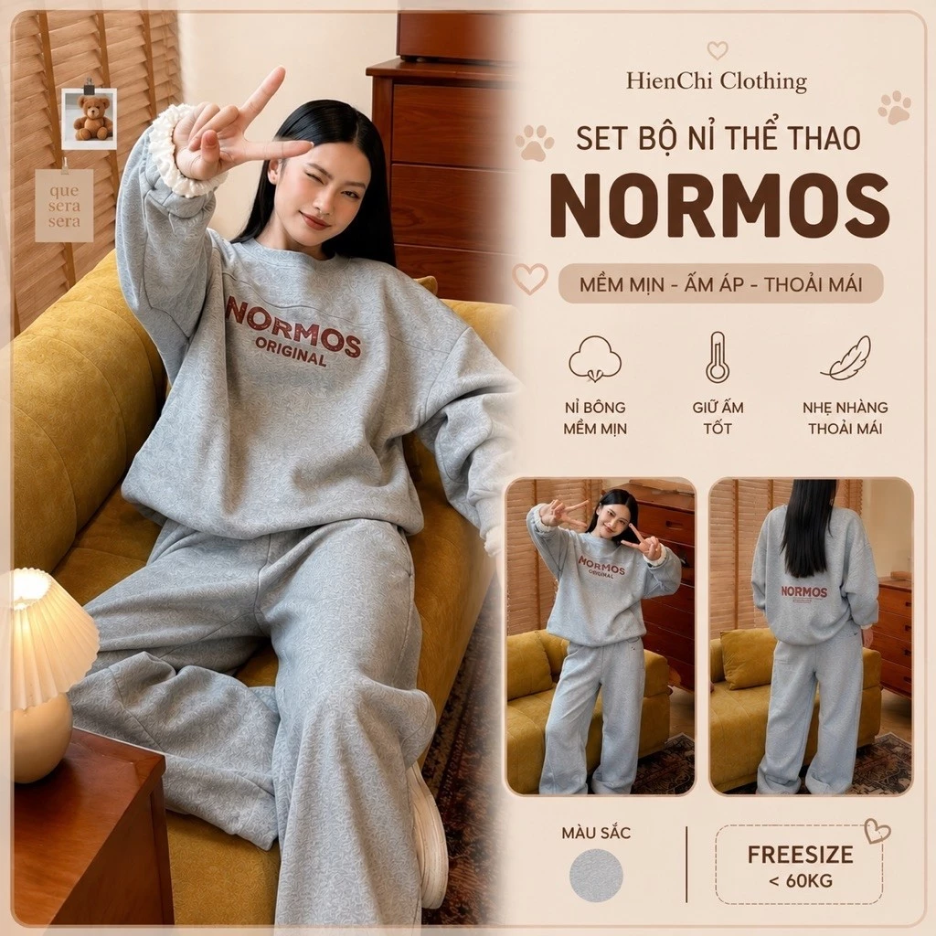 Bộ nỉ nữ dài tay mùa đông, set đồ thể thao unisex NORMOS , áo sweater + quần jogger form rộng, chất nỉ bông ấm
