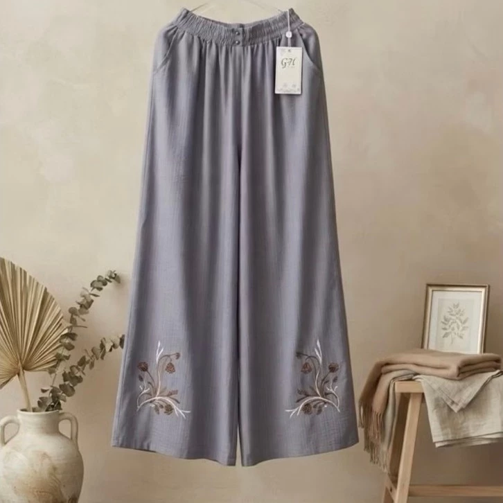 Quần linen tơ xước ống xòe,thêu hoa văn, sang trọng , quý phái, 63-70 kg, cao trên 1.60m mặc đẹp