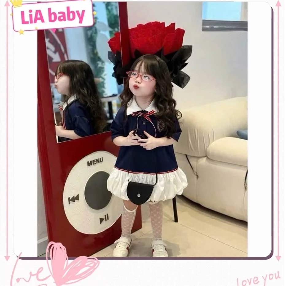 [Mới về ] Váy polo cộc tay xanh than phối chân bí siêu xinh cho bé gái đi chơi đi học (10-35kg)-B8