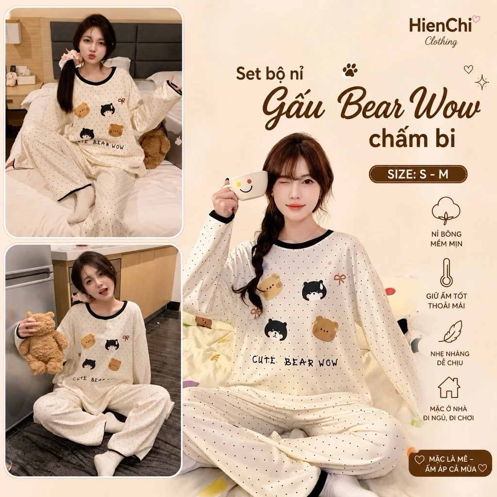 Bộ Đồ Ngủ Nữ Dài Tay Pijama Nỉ Gấu Chấm Bi Cute Bear Wow Dáng Rộng Đồ Mặc Nhà