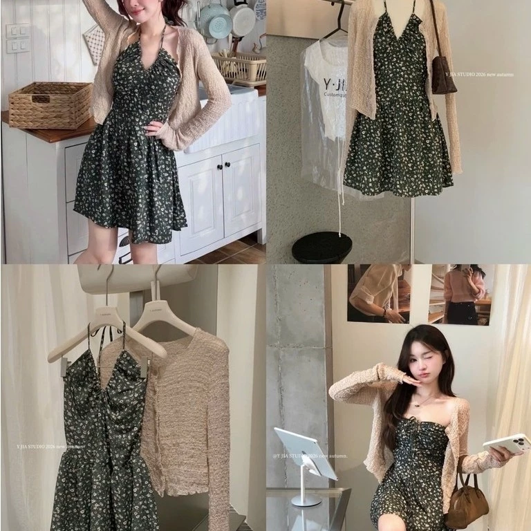 Set Váy Hoa Nhí Form Tôn Dáng Kèm Khoác Cardigan Kem YJIA 1730 (Hàng Chuẩn Quảng Châu Yjia Studio) Ship Hoả Tốc Đà Nẵng