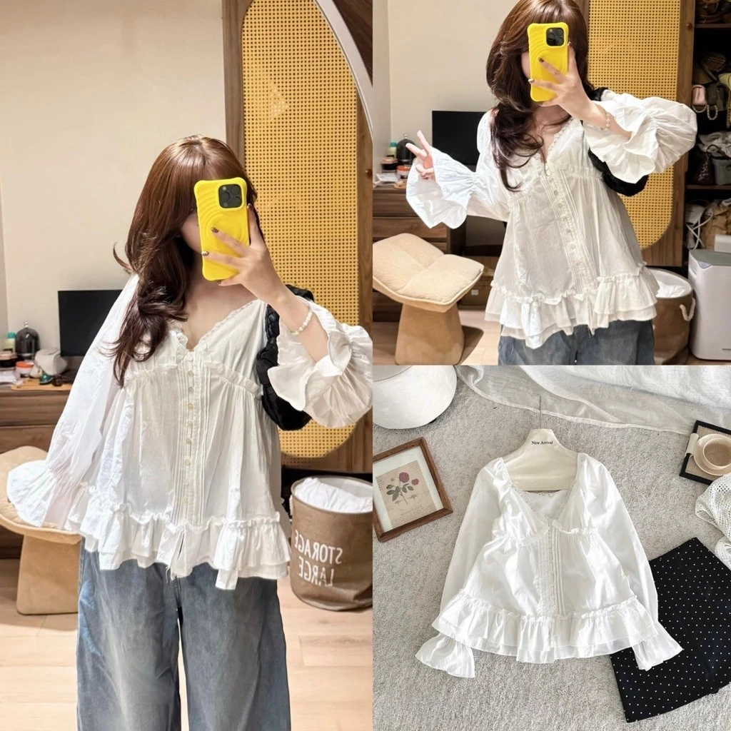 [Hàng Chuẩn QC] Áo babydoll cổ V dài tay loe viền bèo ngực phối cúc trai Samie Top - A1181