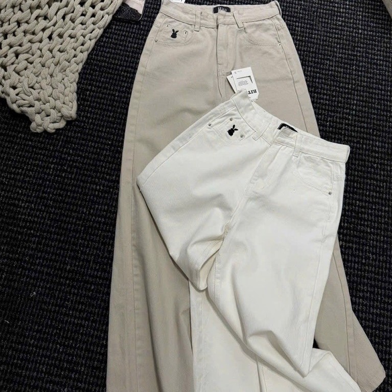A05 Quần Jean Nữ Kaki Màu Kem Thêu Thỏ Dễ Thương Đáng Yêu Nhẹ Nhang Vải Không…