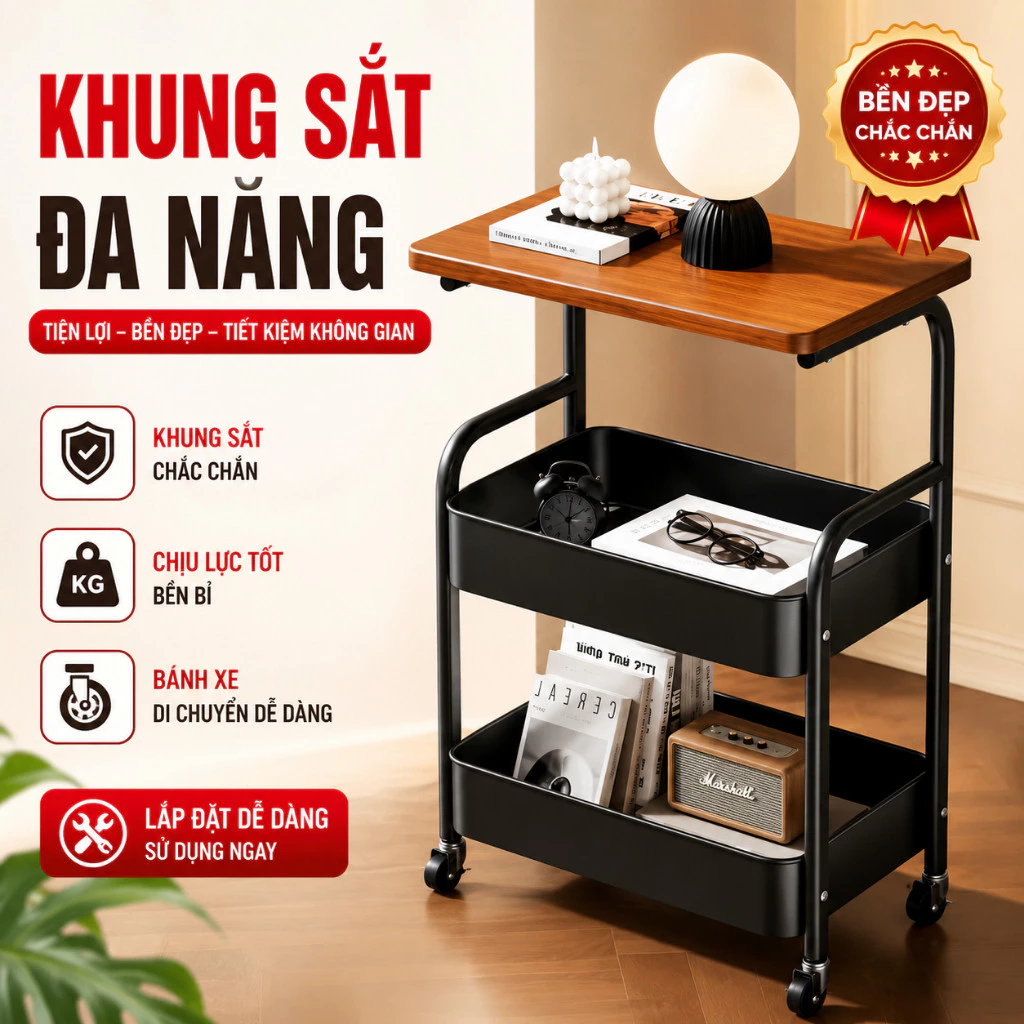 Kệ để đồ 3 tầng khung sắt mặt gỗ đa năng tiện lợi dễ dàng sử dụng tháo lắp đơn giản