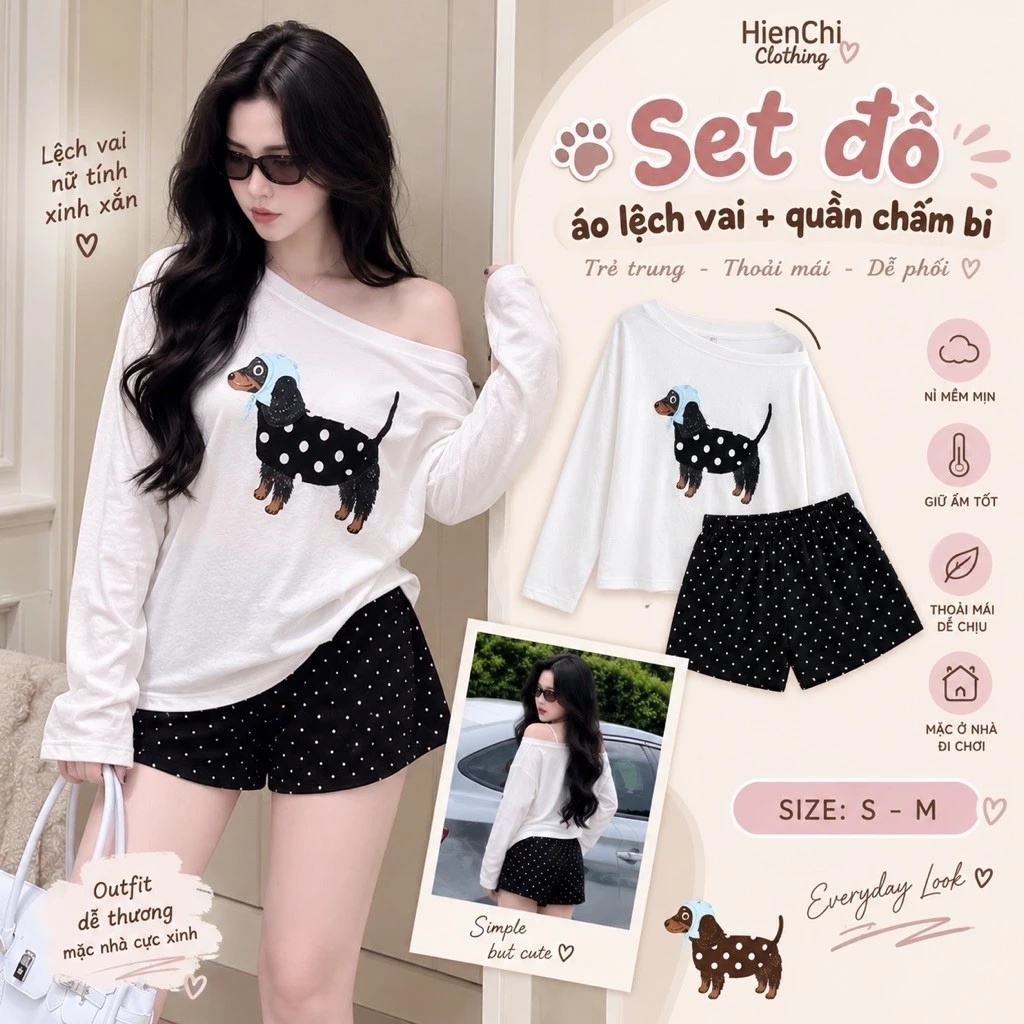Set Đồ Nữ Áo Lệch Vai Dài Tay + Quần Short Chấm Bi Dáng Rộng Trẻ Trung Thời Trang Hàn Quốc