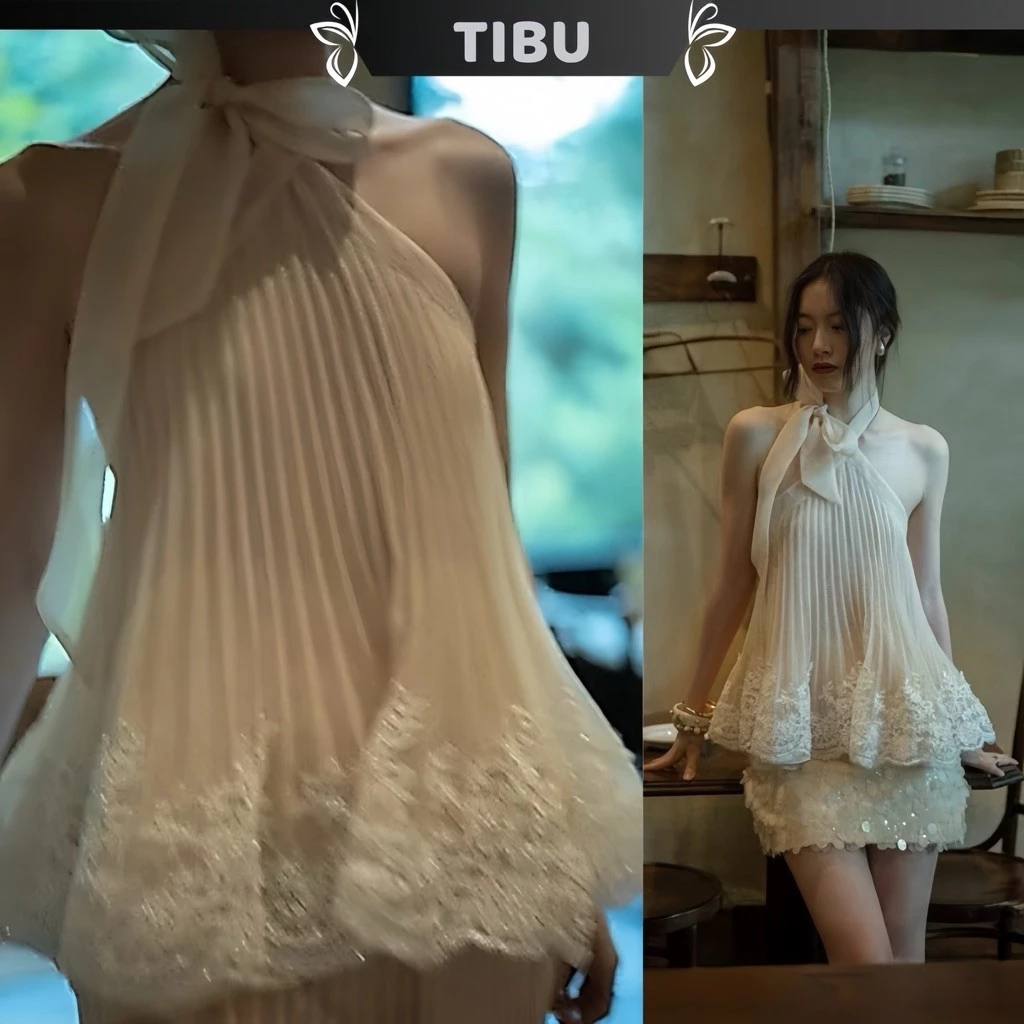 TIBU - Áo Kiểu Nữ Cổ Yếm Cột Nơ Phối Ren Hở Lưng Tiểu Thư Sang Chảnh Đi Chơi Dự Tiệc A795