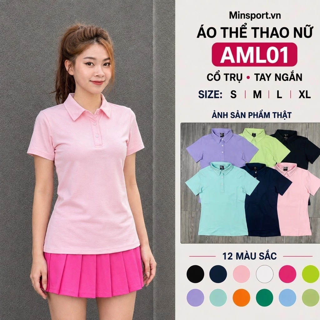 Áo Thun Thể Thao Nữ MILIN Tay Ngắn Cổ Trụ Vải Thun Co Dãn 4 Chiều Chơi Tennis, Cầu Lông, Pickleball - AML01
