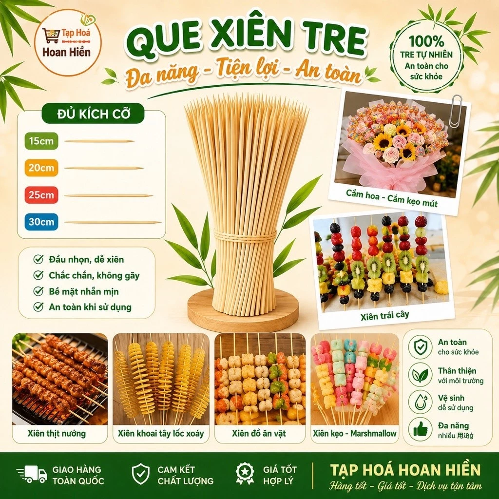 Que Xiên Tre Tự Nhiên 15cm 20cm 25cm 30cm – Que Cắm Kẹo Mút, Cắm Hoa, Xiên Thịt Nướng, Khoai Tây Lốc Xoáy