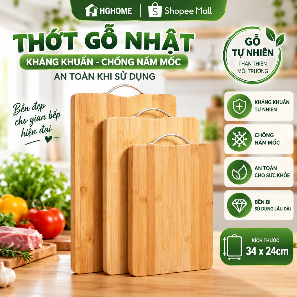 Thớt Gỗ Nhật Kháng Khuẩn Chống Nấm Mốc An Toàn Khi Sử Dụng Size 34*24cm - HGHOME