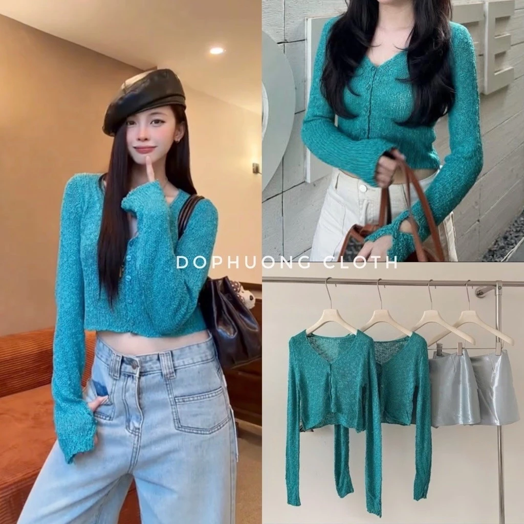 (Hàng QC L1 sẵn - video chính chủ) Áo Cardigan Len Dệt Kim Cổ V Nút Cài màu XANH CỔ VỊT dáng croptop phù hợp cho mùa thu