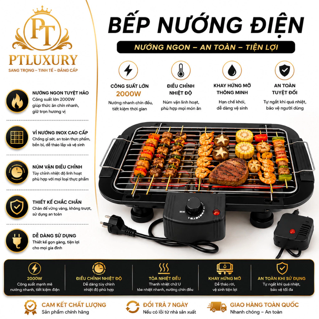 Bếp Nướng Điện Không Khói Electric 2000W Thiết Kế 5 Mức Nhiệt Dễ Dàng Sử Dụng Tại Nhà - PTLUXURY