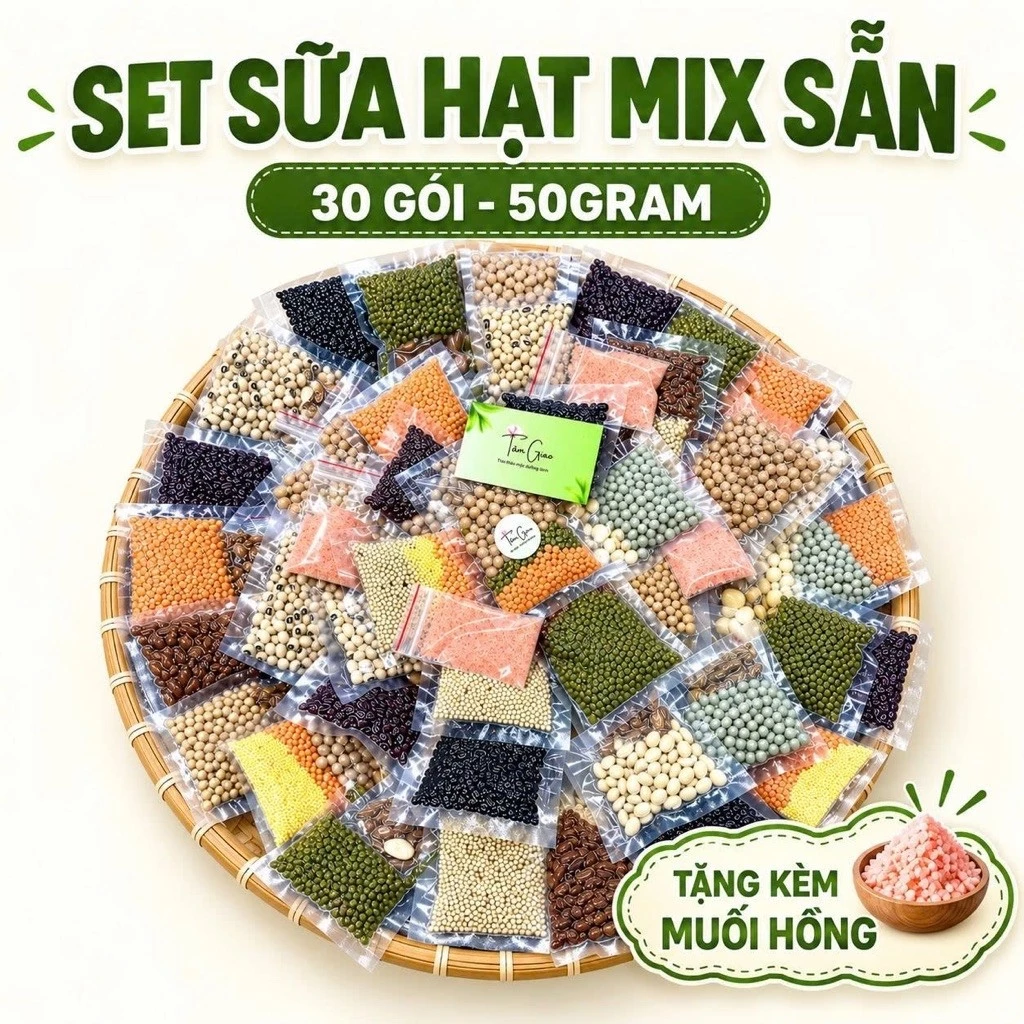 Set hạt dinh dưỡng mix sẵn nấu sữa, nấu cháo 30 ngày 30 vị khác nhau (TẶNG KÈM MUỐI HỒNG)