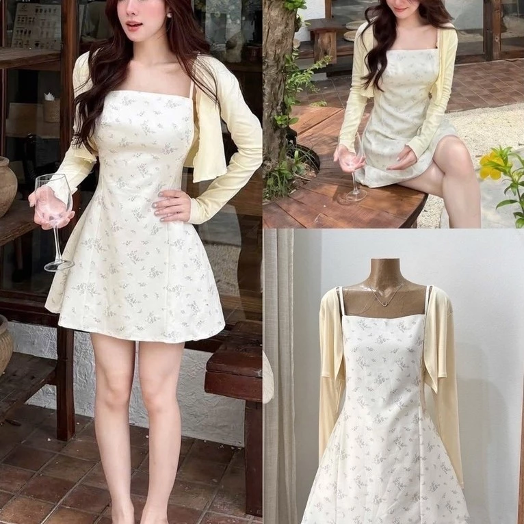 Váy 2 Dây Form A Hoa Nhí Kèm Khoác Cardigan Vàng (Có Sẵn Ship Hoả Tốc) Set Đầm Xinh Form Tôn Dáng