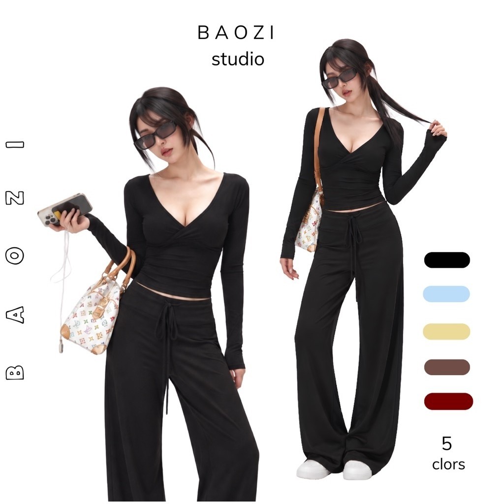Set Áo Thun Dài Tay Cotton Cổ V Ôm Body Áo Cổ Chéo Tôn Dáng Co Giãn Mềm Mịn