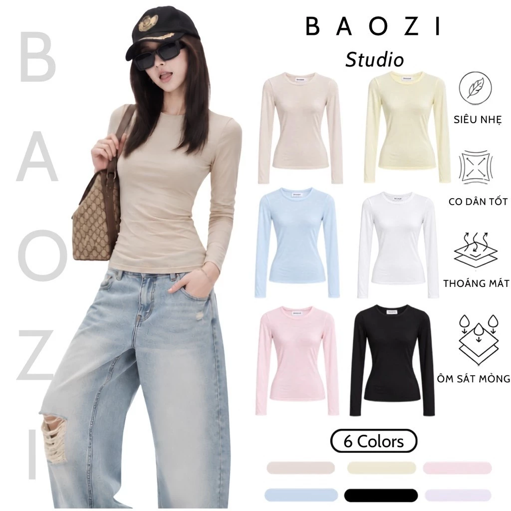 [BaoZi Studio] Áo Thun Nữ Cotton Mỏng Dài Tay Ôm Body Cổ Tròn Co Giãn