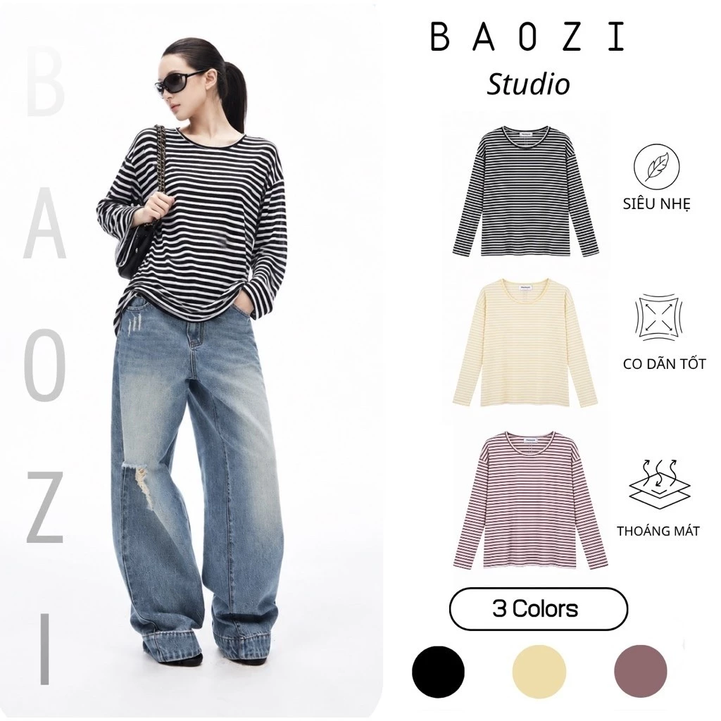 [BaoZi Sutudio] Áo Len Mỏng Dài Tay Kẻ Sọc Ngang Form Rộng
