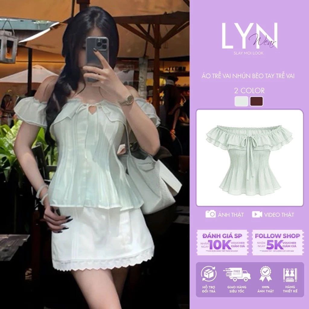 | LYN WEAR | Áo Trễ Vai Nữ Nhún Bèo Tay Trễ Vai Dáng Xòe Nữ Tính