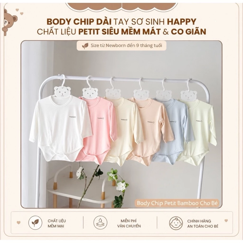 Combo 2-3 Bộ Body Chip Dài Tay Happy Kids Vải Pettit Thun Lạnh Mềm Mát An Toàn Cho Làn Da  Cho Bé Size 3-8kg