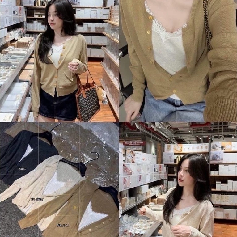 Áo Len Tay Dài Mùa Thu Nhẹ Áo Cardigan Phối Lớp Áo Ren (Loại 1) Áo Kiểu Xinh Layer 2 In 1 Style Hàn