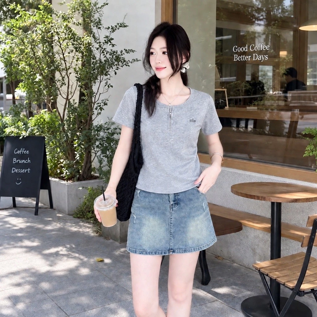 Áo thun nữ tay ngắn cổ trụ kéo khóa chất thun gân mềm mịn phong cách Hàn Quốc