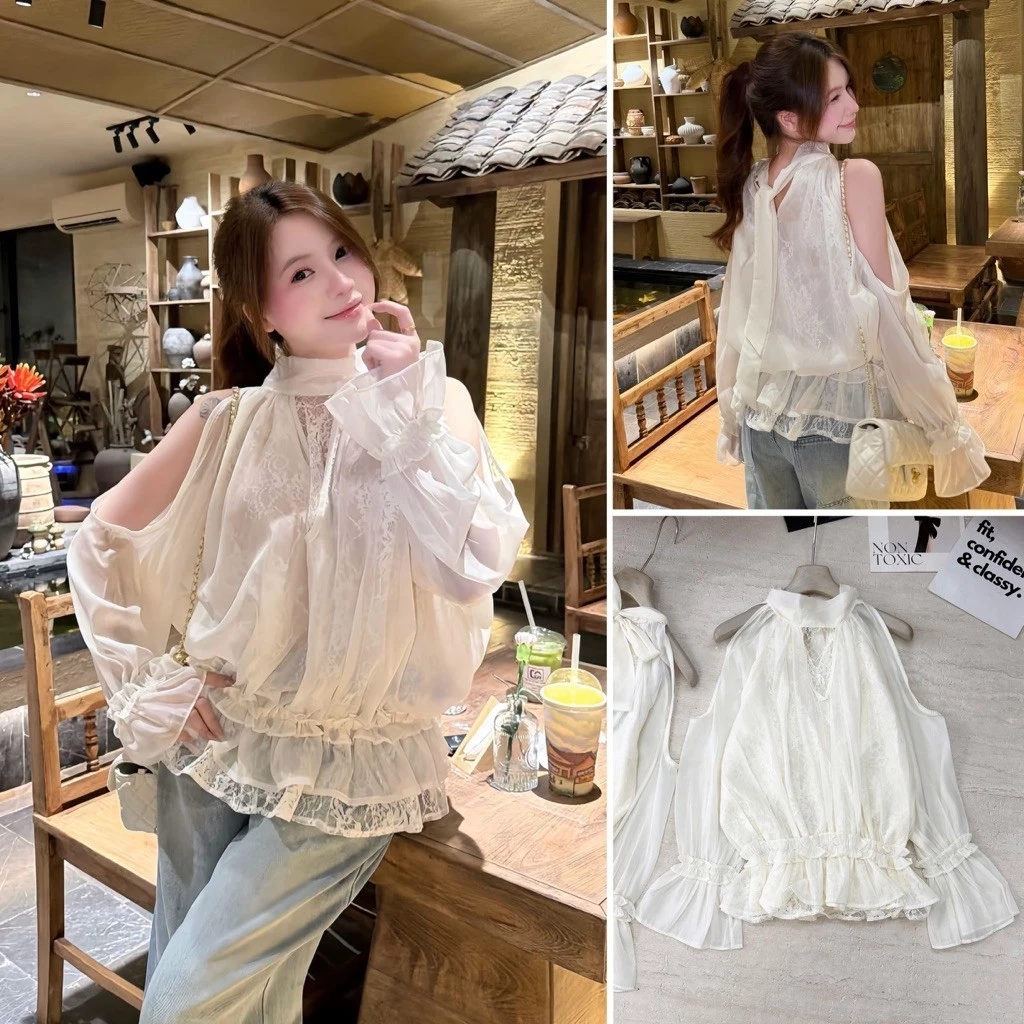 [HÀNG SẴN] Áo điệu tiểu thư voan tơ mix ren dáng bí khoét vai sang chảnh Meisa Top