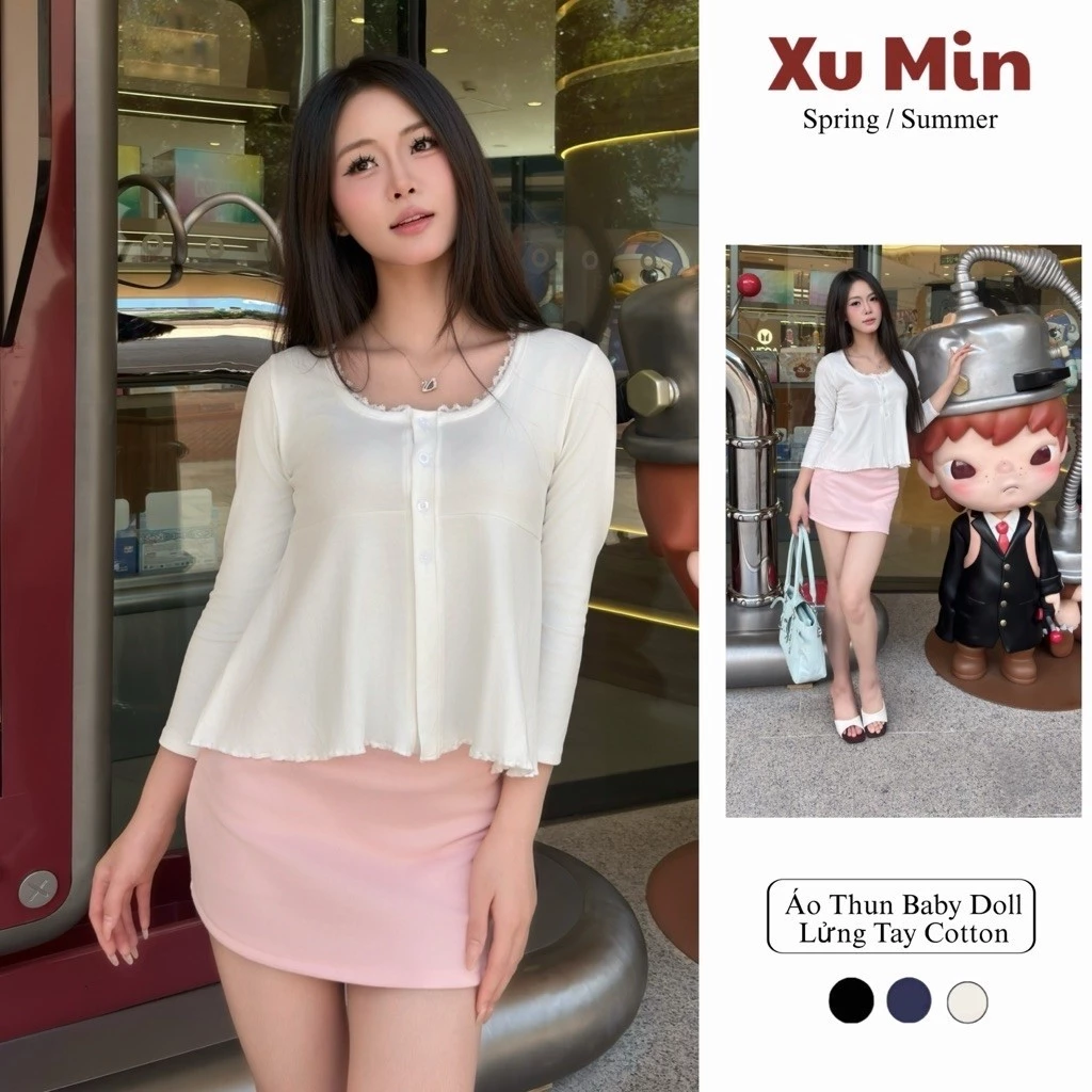 Áo Thun Xu Min Min Dáng Baby Doll Lửng Tay Chất Cotton Co Giãn Freesize ( Baby Doll Lửng Tay Viền Ren )