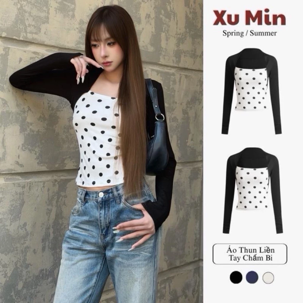 Áo Thun Xu Min Min Dài Tay Liền Tay Chấm Bi Mùa Thu Đông Phong Cách Thời Trang ( Thun Liền Tay Chấm Bi )
