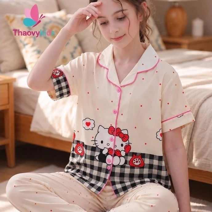 Bộ pijama bé gái vải latin họa tiết gấu hồng dễ thương | Đồ ngủ bé gái mềm mát, mặc ở nhà, chất vải cao cấp 10-60kg