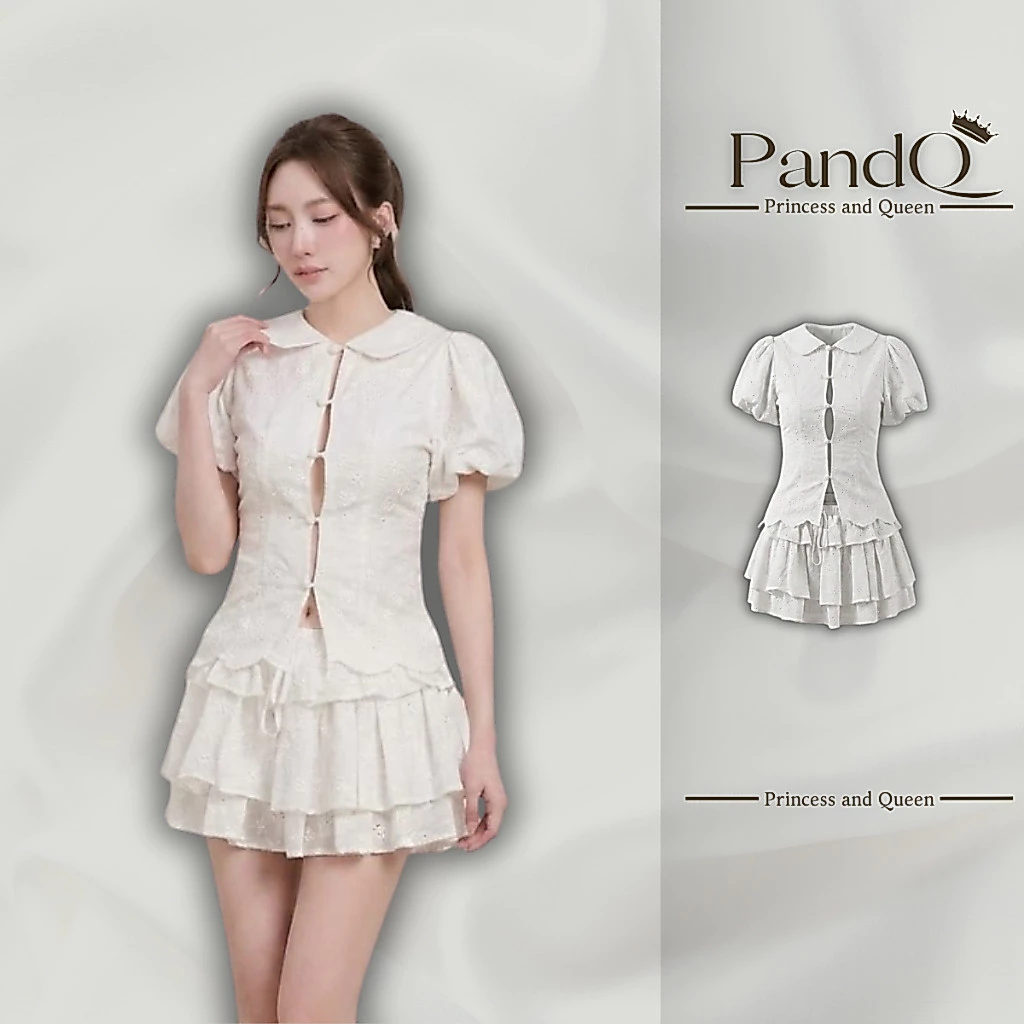 Set Bộ Solana Áo Cổ Bọt Thêu Đục Lỗ Khuy Tàu Phối Chân Váy Xòe Tầng Màu Trắng Tiểu Thư - SOLANA