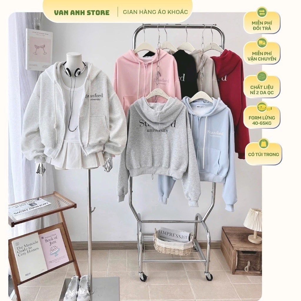 Áo Khoác Nỉ QC 2 Da Form Lửng Thêu Stanford, Áo Khoác Form Ngắn 40-65kg Mặc Đẹp Vải Mềm Mịn Không Xù