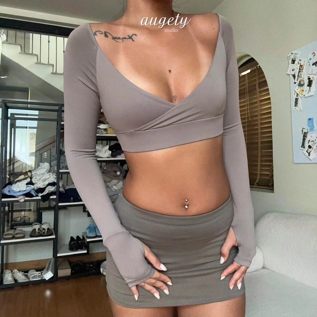 Áo Croptop Nữ Tay Dài Đắp Chéo Gom Ngực Có Mút Tháo Rời Augety Studio, SILA TOP