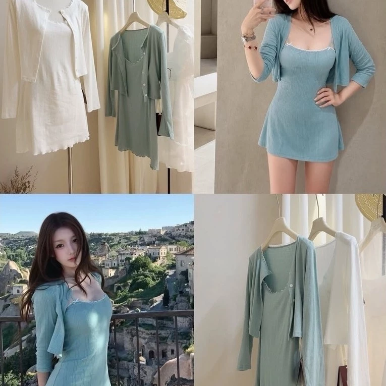 Set Váy 2 Dây Kèm Khoác Hiền Hồ Set Váy Form A Tôn Dáng (Có Sẵn Ship Hoả Tốc Đà Nẵng) Set Váy Xinh
