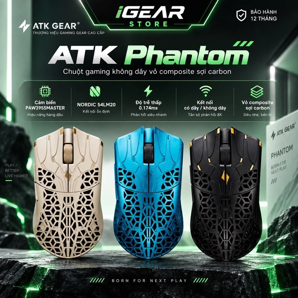 Chuột Gaming Không Dây ATK Phantom Ultimate PAW3955 – Carbon Fiber Composite, 8K, 44g