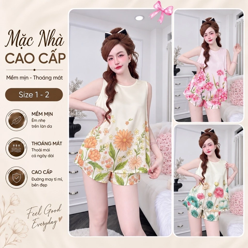 A4 Đồ bộ mặc nhà lụa Latin thoải mái có túi sâu, mềm thoáng mát, hoạ tiết xinh