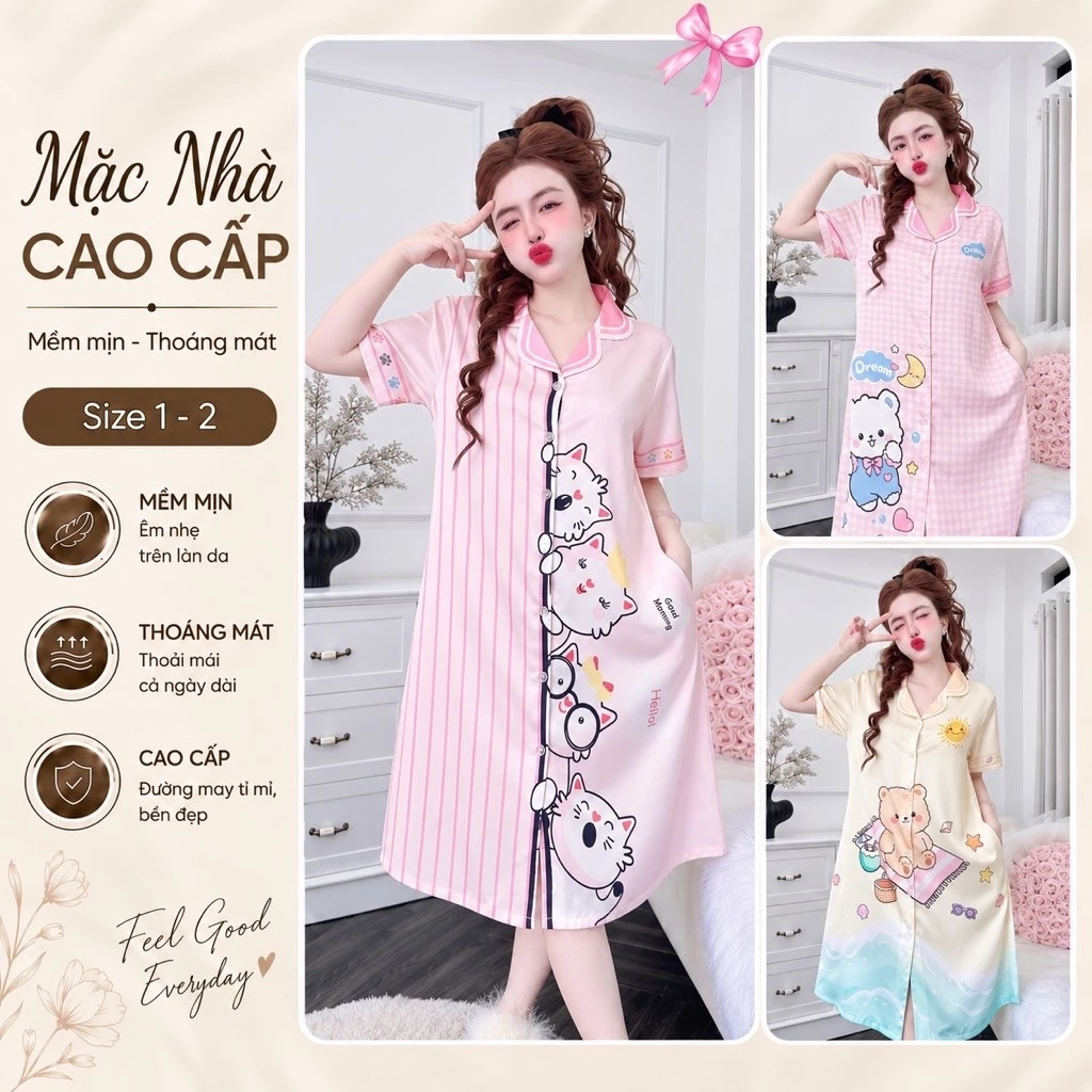 Bộ mặc nhà đầm ngủ nữ lụa Latin dễ mặc , phom chuẩn , mặc xinh dễ thương