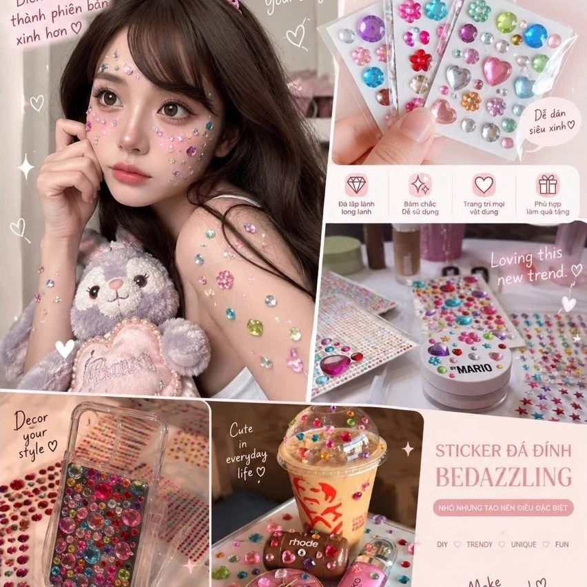 Combo Sticker Đá Đính Gem Sticker Lấp Lánh Bedazzling Trend 2026 Decor Dán Trang Trí Máy Ảnh Điện Thoại Ốp Lưng DIY cute