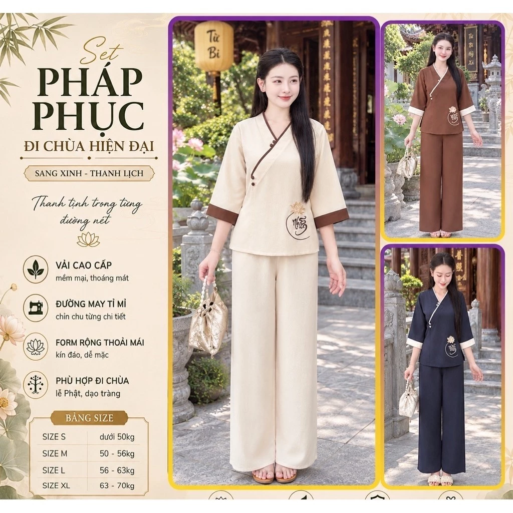 LAM24 Set bộ lam pháp phục đi lễ chùa chất linen tơ tay lở quần dài tinh tế, có túi quần , hoạ tiết thêu