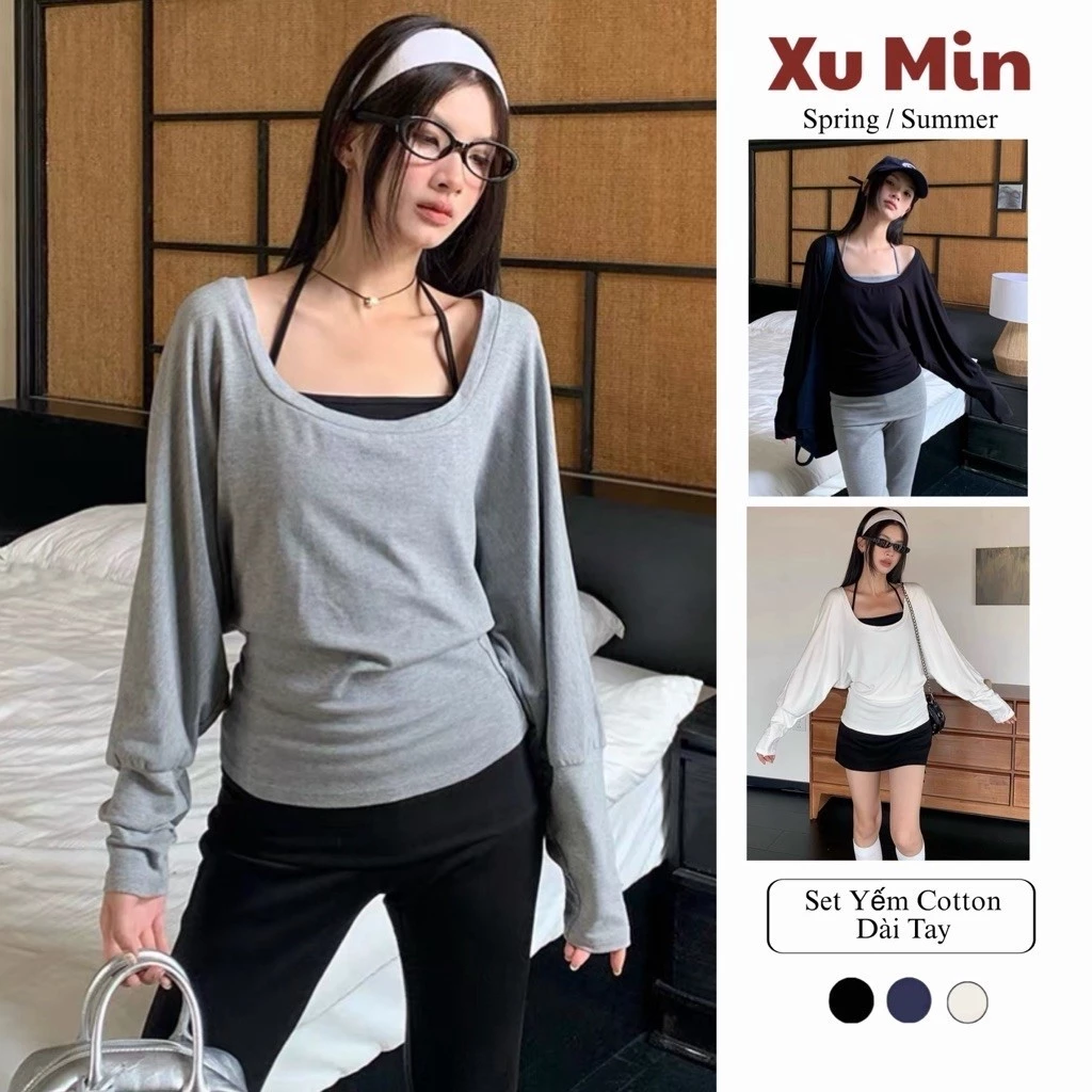 Set Áo Xu Min 2 Áo Rời Tay Cánh Dơi Chất Cotton Co Giãn Phong Cách Trendy ( Xu01 )