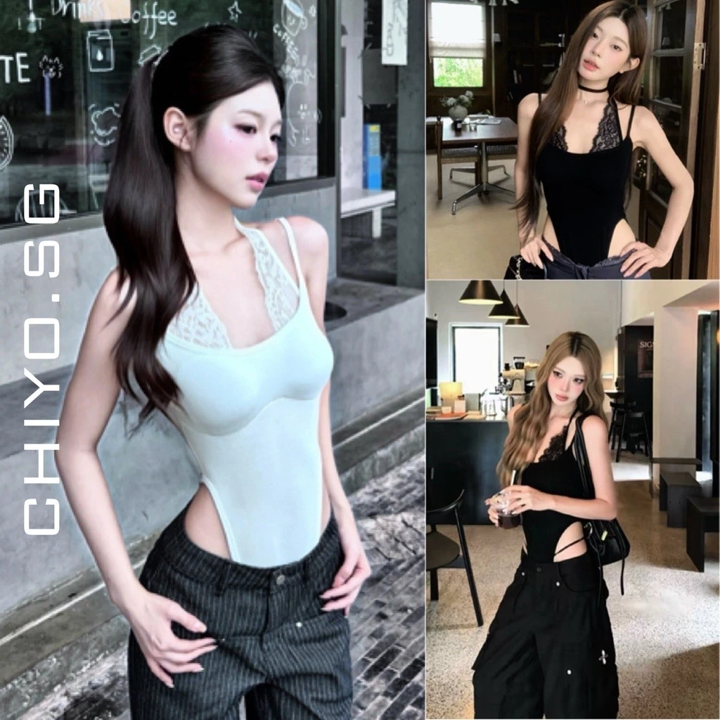 Bodysuit 2s phối yếm ren cột nơ cổ CHIYO.SG phong cách basic cá tính năng động S199