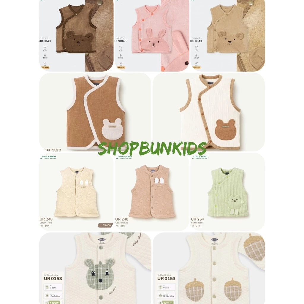 Áo Gile sơ sinh 0-36M nỉ đông Uala Rogo vải Cotton Nỉ ấm áp cúc giữa / chéo bé trai bé gái  3804 3883 248 268 254