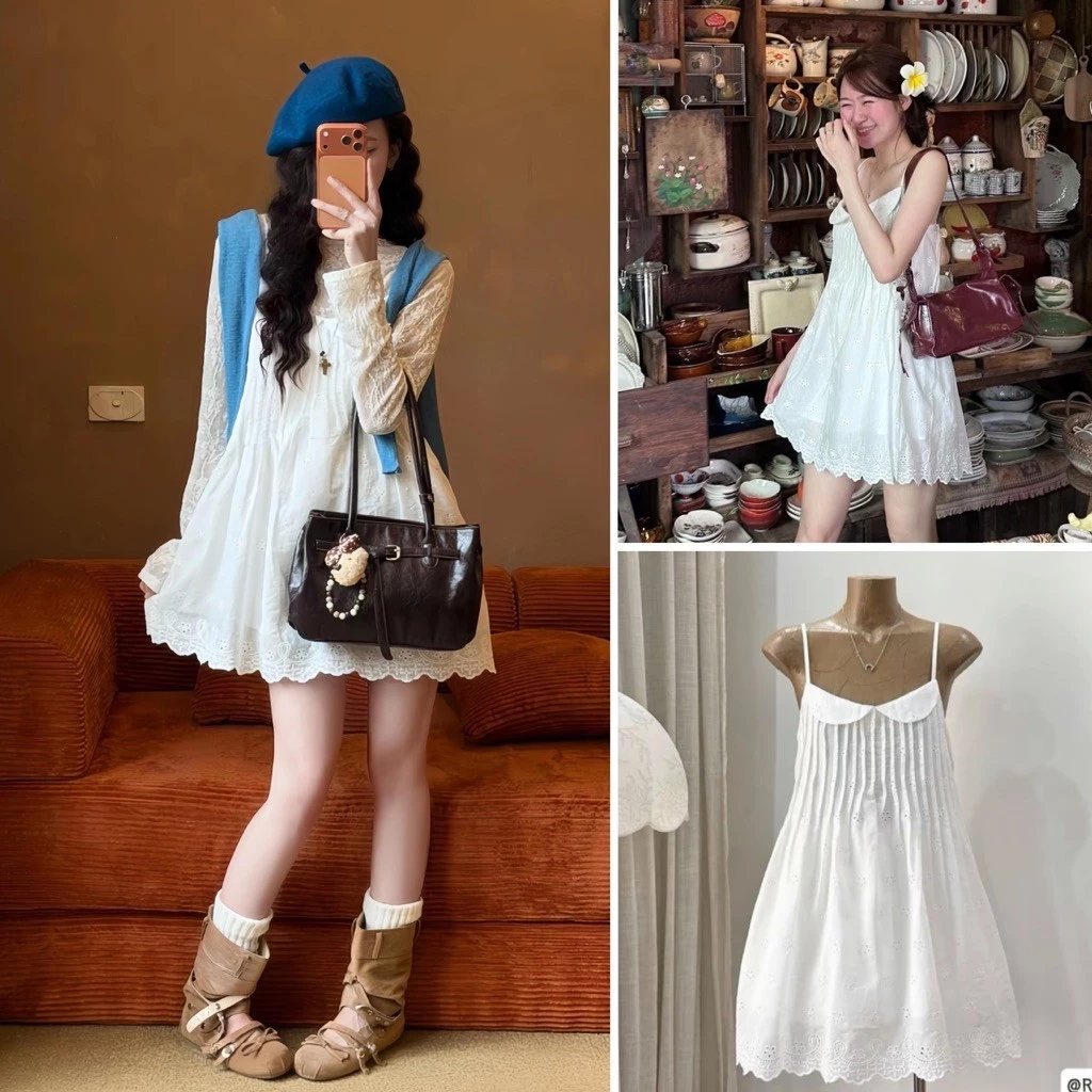 [HÀNG SẴN] Đầm/Váy 2 Dây Ren Thô Boi Thêu Hoa Dập Ly Ngực Ella White Dress 3901