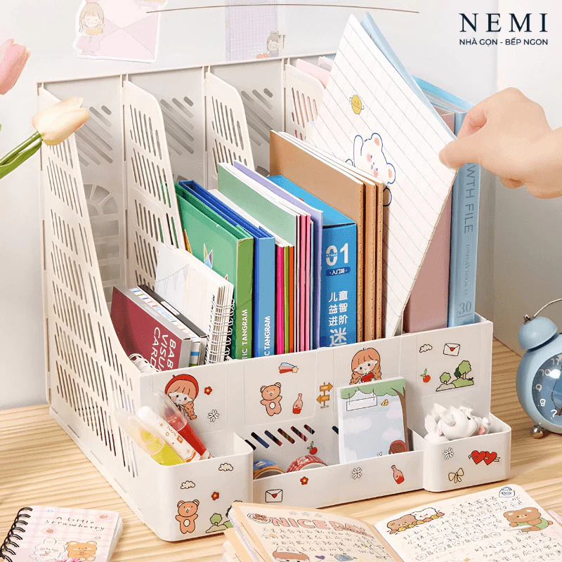Giá Để Tài Liệu 4 Ngăn Thông Minh NEMI, Kệ Sách Để Bàn Decor Trang Trí Kèm Khay Đựng Bút Văn Phòng